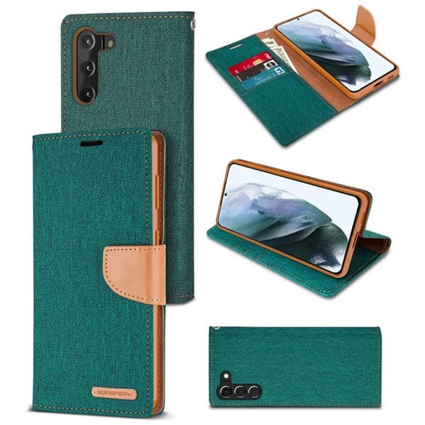 Goospery Canvas Samsung Galaxy S21+ S21 Plus Wallet Leather Case Denim Stand Flip Fabric Pouch Credit Card Slots Cover - Green