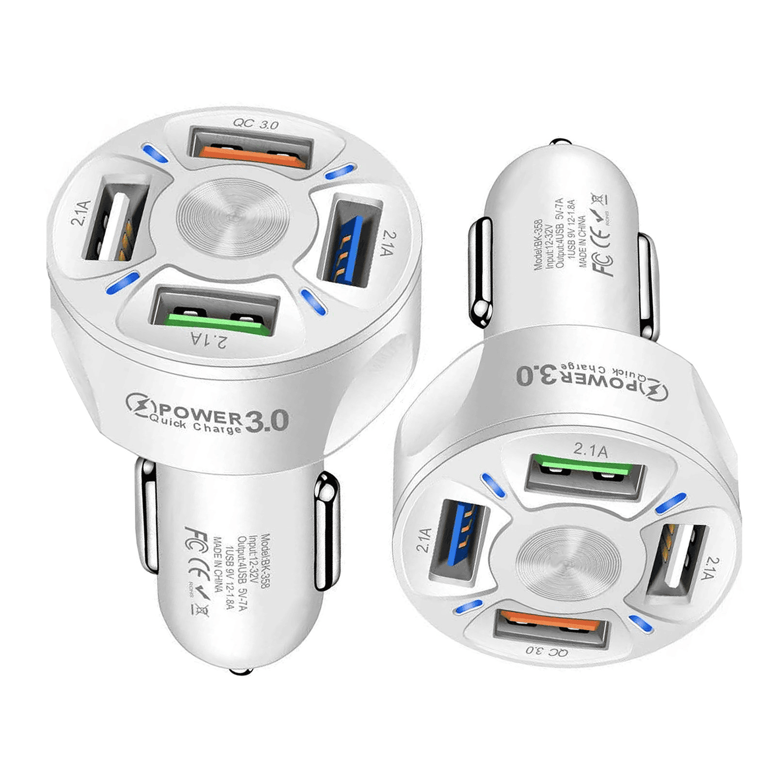 Universal 35W 7A QC3.0 4USB Ports Fast Charging Car Charger With LED Light 12-24V Adapter