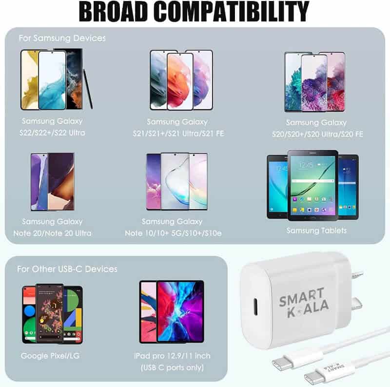 Smart Koala 25W Super Fast Charger, SAA Certified USB C Wall Adapter with 1M Type C Cable for Samsung S24/S23/S22/S21 Ultra, Note ,Galaxy Watch, iPad