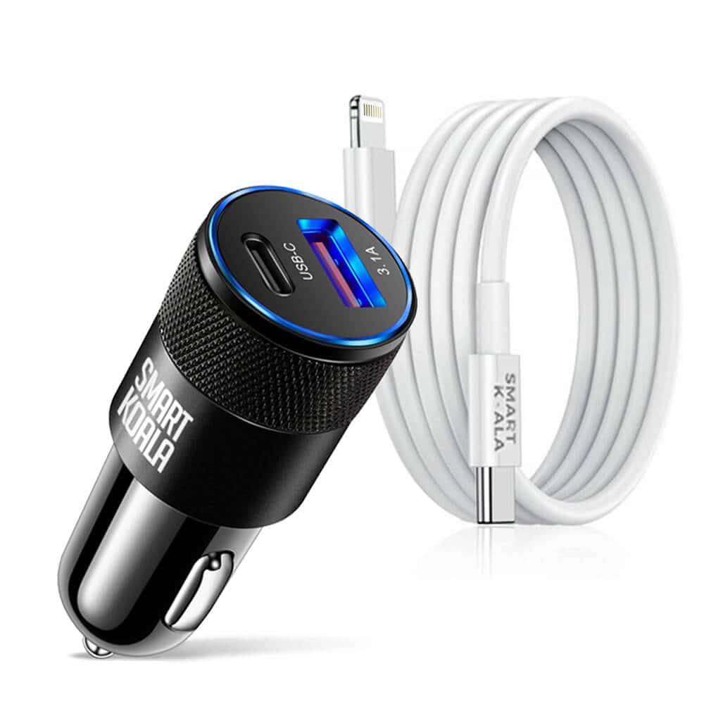 Smart Koala 38W 2 Ports PD Type C +3.1A USB Fast Charging Car Charger Socket Adapter with 1M Lightning Cable Cord for Apple iPhone/iPad/iPod