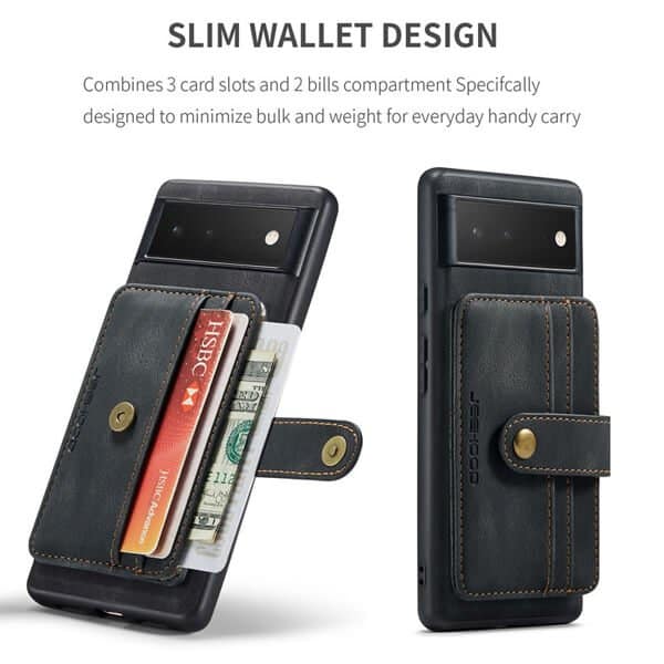 JEEHOOD For Google Pixel 6A Wallet Leather Case with Detachable Ultra Slim RFID Blocking Back Card Holder (Black)