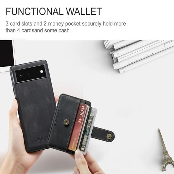 JEEHOOD For Google Pixel 6A Wallet Leather Case with Detachable Ultra Slim RFID Blocking Back Card Holder (Black)