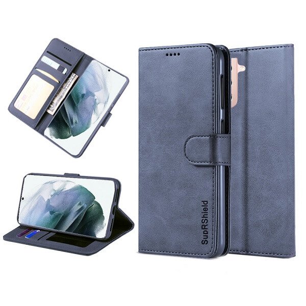 Samsung Galaxy S21+ /S21 Plus SupRShield Wallet Leather Card Holder Flip Protective Shockproof Magnetic Case Cover (Navy Blue)
