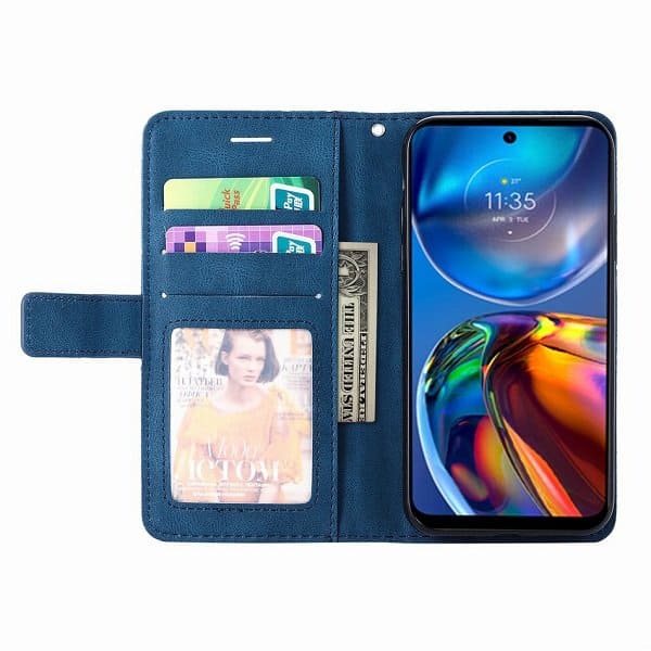 Motorola Moto E32 SupRShield Wallet Leather Card Holder Flip Protective Shockproof Magnetic Case Cover (Navy Blue)