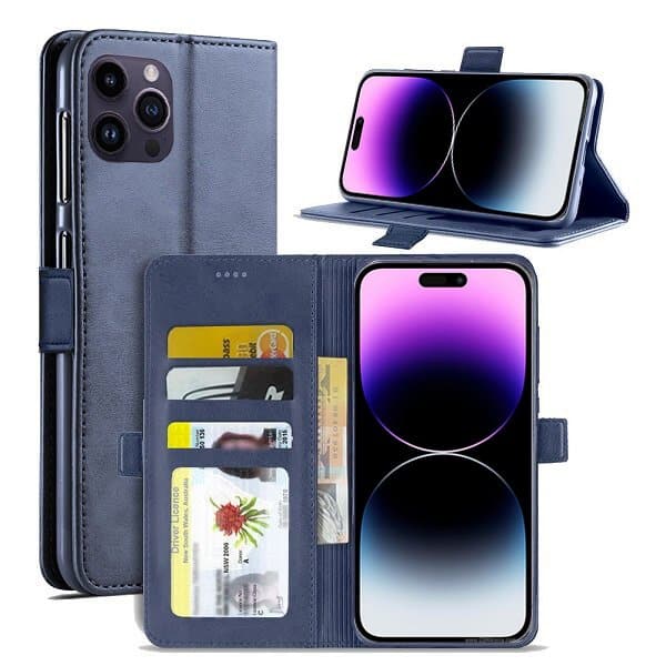 Apple iPhone 14 Pro Max Wallet Leather Shockproof Cover Case Navy Blue