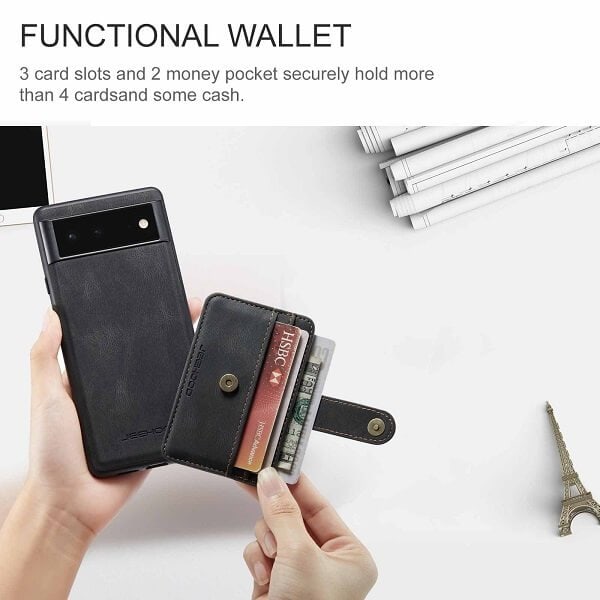 JEEHOOD For Google Pixel 7 Pro Wallet Leather Case with Detachable Ultra Slim RFID Blocking Back Card Holder (Black)