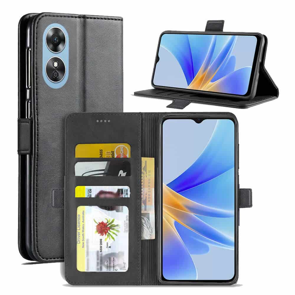 Oppo A17 SupRShield Wallet Leather Card Holder Flip Protective Shockproof Case Cover (Black)