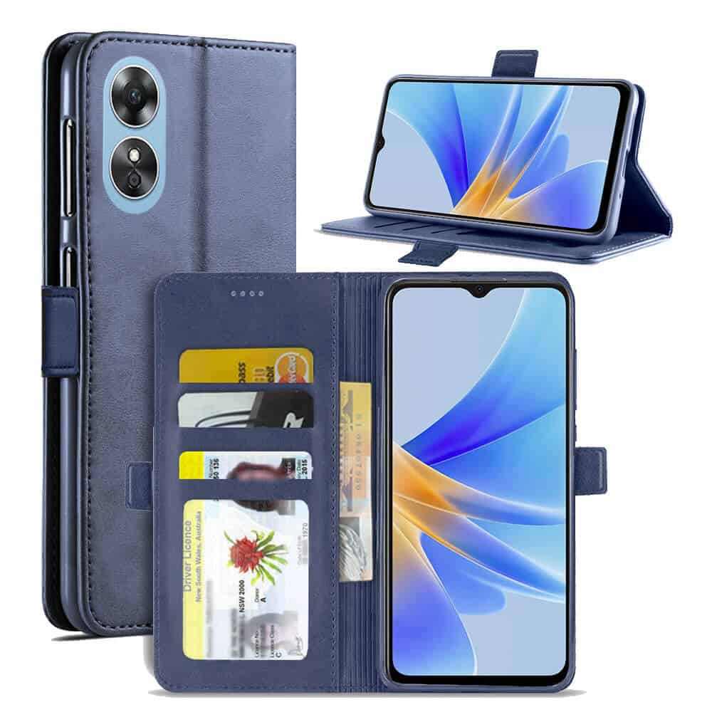 Oppo A17 SupRShield Wallet Leather Card Holder Flip Protective Shockproof Case Cover (Navy Blue)