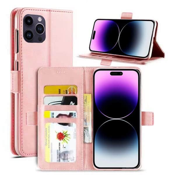 Apple iPhone 14 Pro Max Wallet Leather Shockproof Cover Case Rose Gold