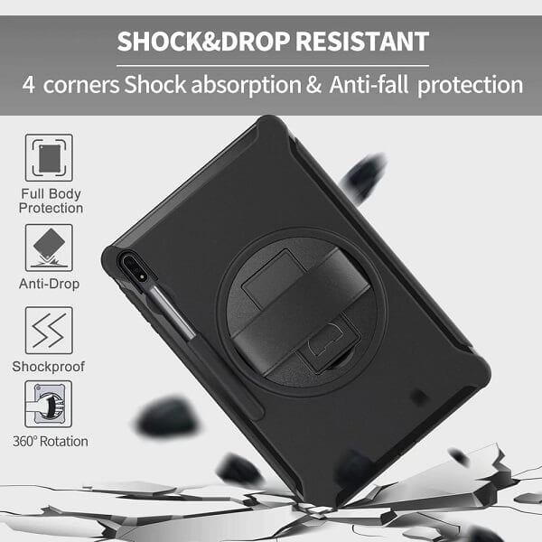 For Samsung Galaxy Tab S7 FE 2021 12.4 Inch SM-T730 T736B With S-Pen Holder Military Grade Rotating Case TPU Shockproof Multi-Layer Protective Kickstand Cover (Black)