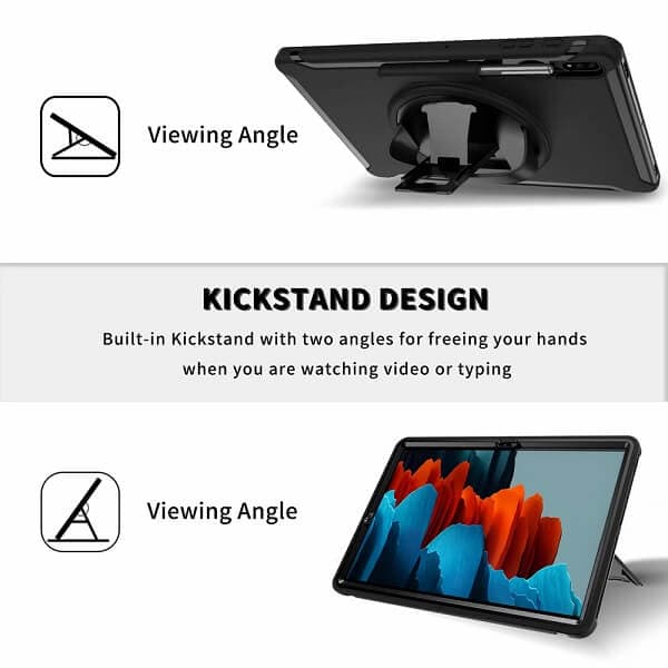 For Samsung Galaxy Tab S7 FE 2021 12.4 Inch SM-T730 T736B With S-Pen Holder Military Grade Rotating Case TPU Shockproof Multi-Layer Protective Kickstand Cover (Black)