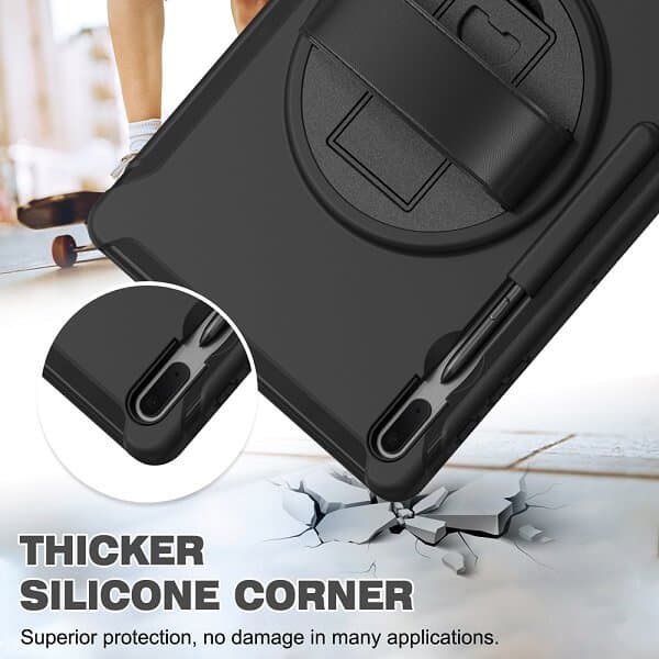 For Samsung Galaxy Tab S7 FE 2021 12.4 Inch SM-T730 T736B With S-Pen Holder Military Grade Rotating Case TPU Shockproof Multi-Layer Protective Kickstand Cover (Black)