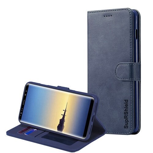 Samsung Galaxy Note 8 Wallet Leather Card Holder Flip Protective Shockproof Case Cover (Navy Blue)