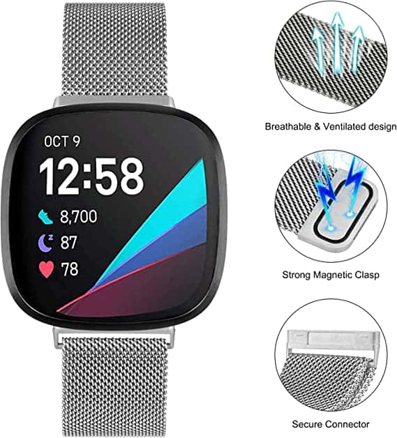For Fitbit Sense /Fitbit Sense 2 Magnetic Milanese Band Stainless Steel Loop Mesh Wristband Strap Bracelet (Silver)