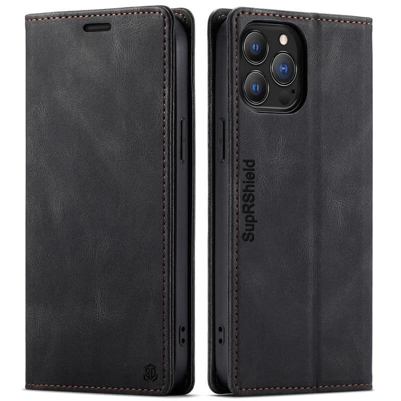 SupRShield For Apple iPhone 15 Pro Case RFID Blocking Retro Flip Premium Leather Card Holder Wallet Cover