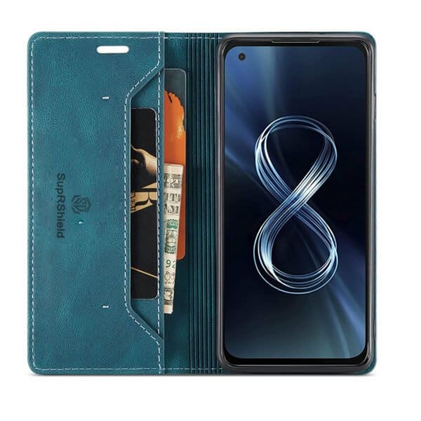 SupRShield For Asus Zenfone 8 5G Case RFID Blocking Retro Flip Premium Leather Card Holder Wallet Cover - (Cyan Blue)