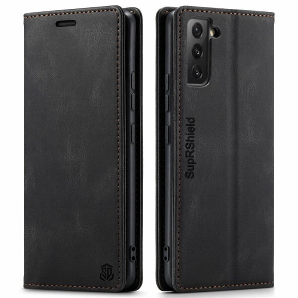 SupRShield For Samsung Galaxy S23 Case RFID Blocking Retro Flip Premium Leather Card Holder Wallet Cover - Black