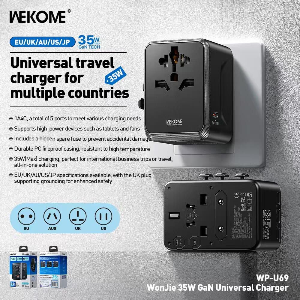 WEKOME WP-U69 35W GaN EUUKUSAUSJP USB A & 4 USB Type C Universal Conversion Fast Charging Charger Power Travel Adapter (Black)