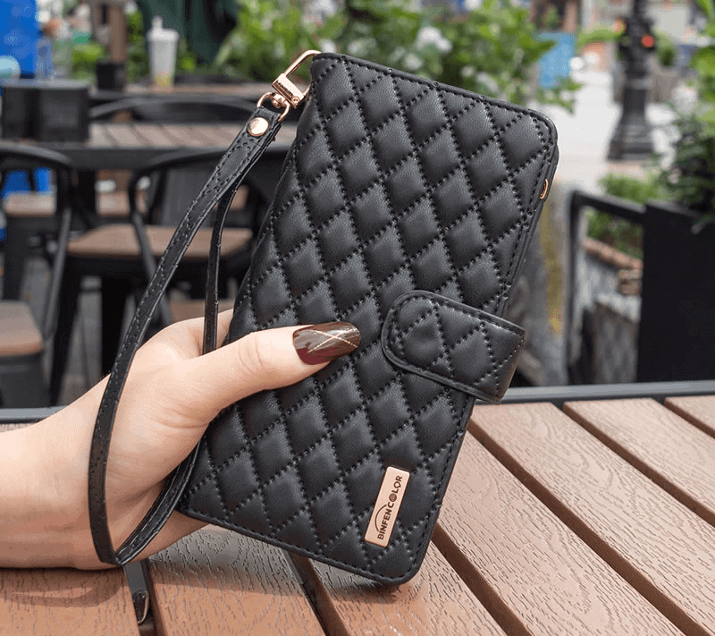 For Samsung Galaxy S23 Ultra Diamond Quilted Leather Zipper Wallet Flip Case with 9 Card Slots and Lanyard Cover - Black