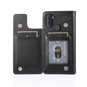 For Samsung Galaxy A11 Luxury Wallet Flip Case Leather Card Slots Cover (Black)