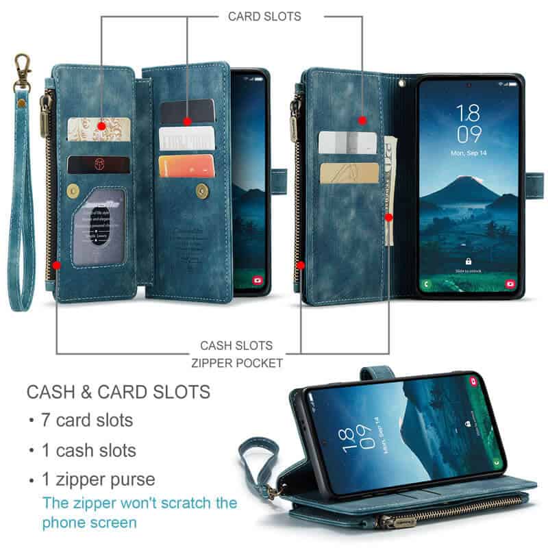 CaseMe C30 For Samsung Galaxy S24 FE Vintage Leather Folio Zipper Wallet Case with Magnetic Closure and 7 Card Slots