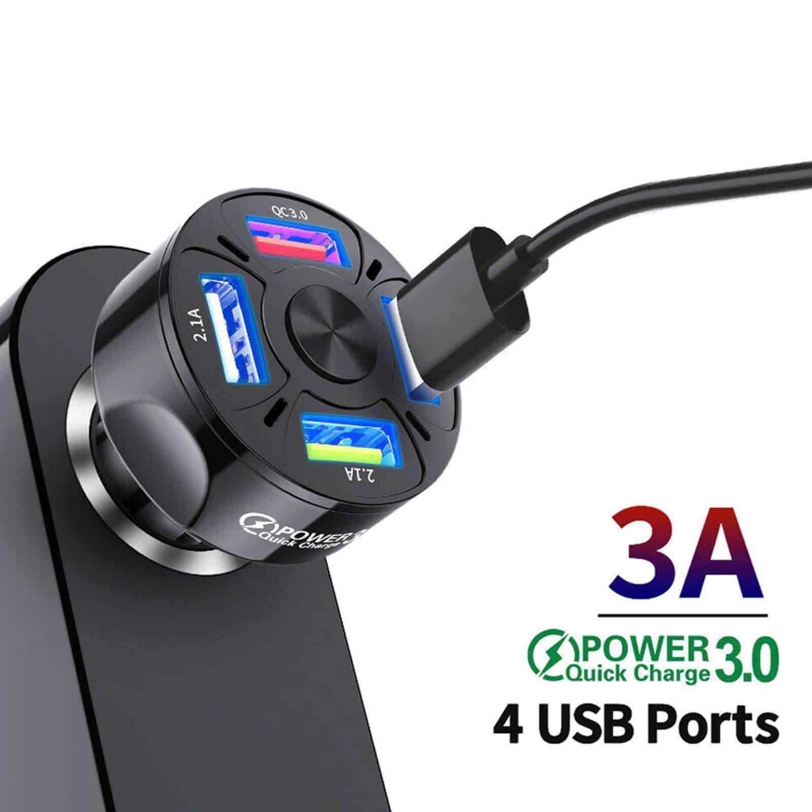 Universal 35W 7A QC3.0 4USB Ports Fast Charging Car Charger With LED Light 12-24V Adapter