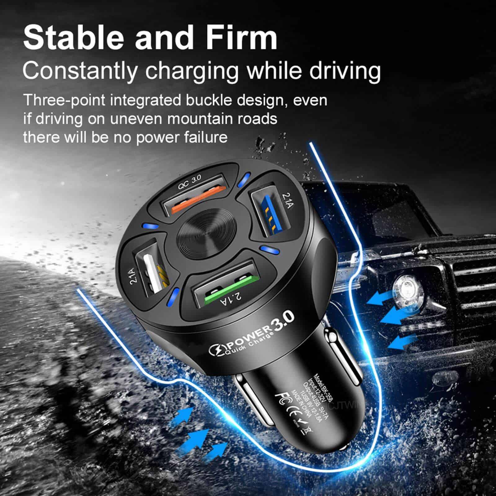 Universal 35W 7A QC3.0 4USB Ports Fast Charging Car Charger With LED Light 12-24V Adapter