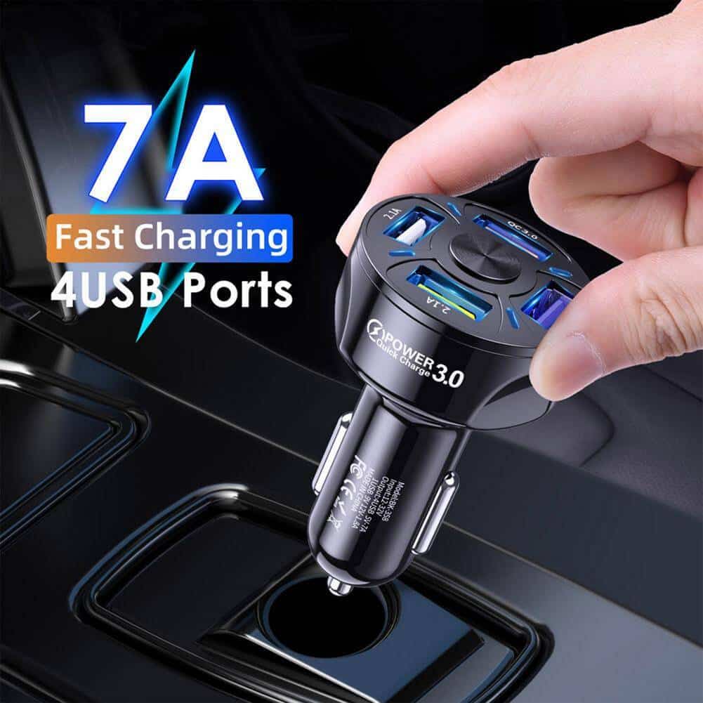 Universal 35W 7A QC3.0 4USB Ports Fast Charging Car Charger With LED Light 12-24V Adapter