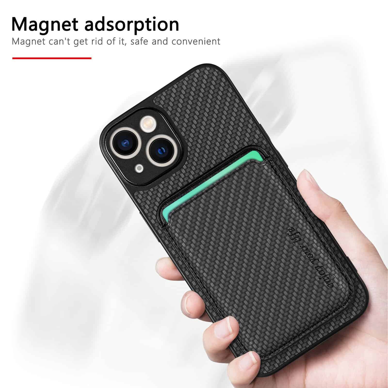 For Apple iPhone 15 MagSafe Card Holder, Carbon Fiber, Detachable Magnetic Wallet Slot Case Cover