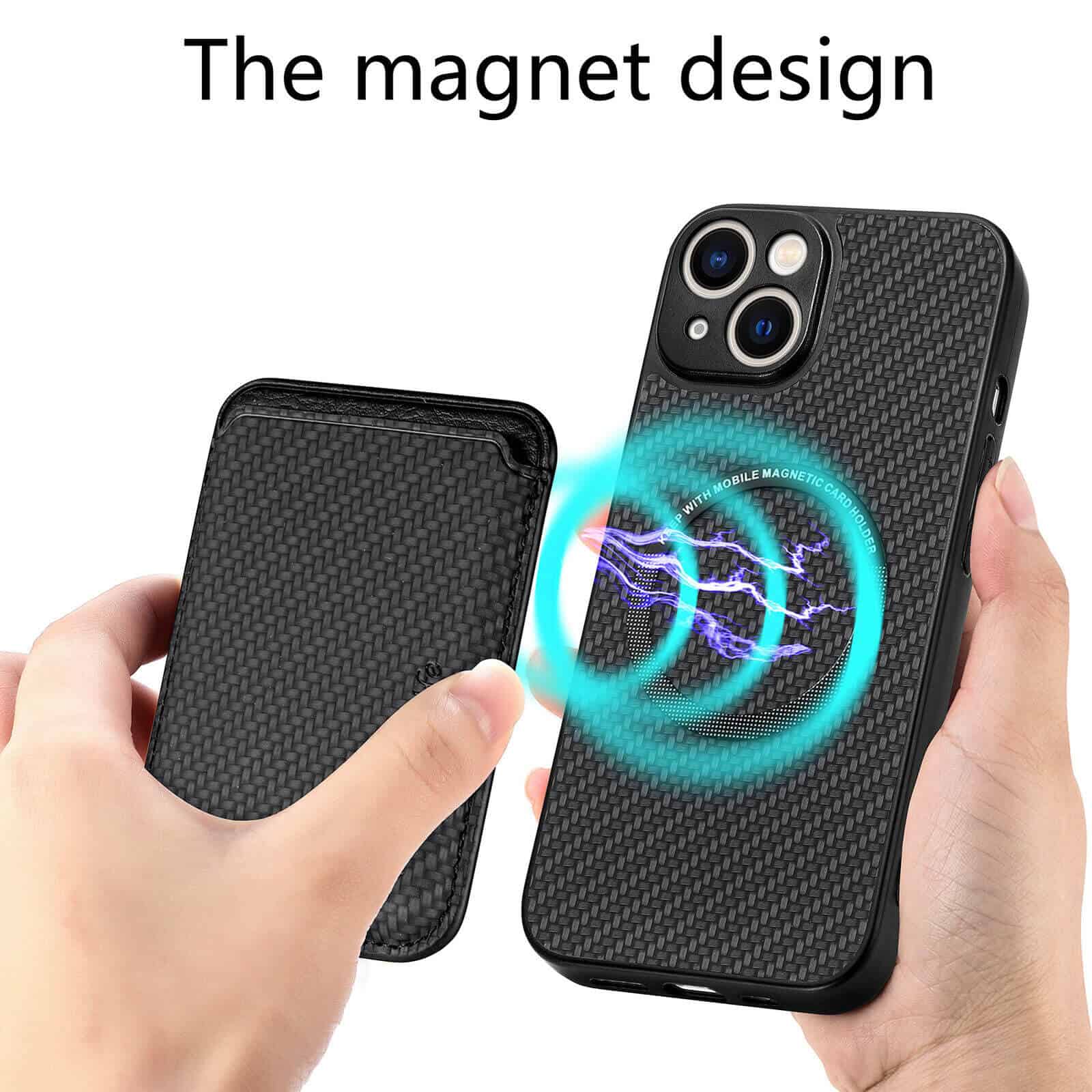 For Apple iPhone 15 MagSafe Card Holder, Carbon Fiber, Detachable Magnetic Wallet Slot Case Cover
