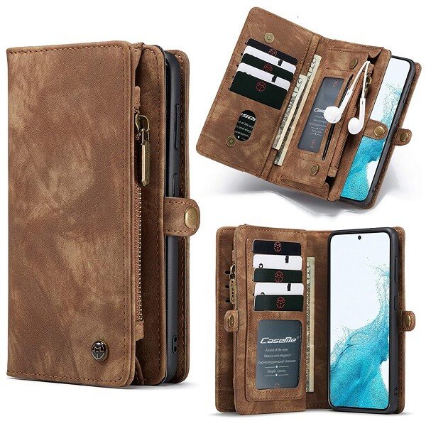 Samsung Galaxy S22 Brown Zipper Wallet Leather Case Cover