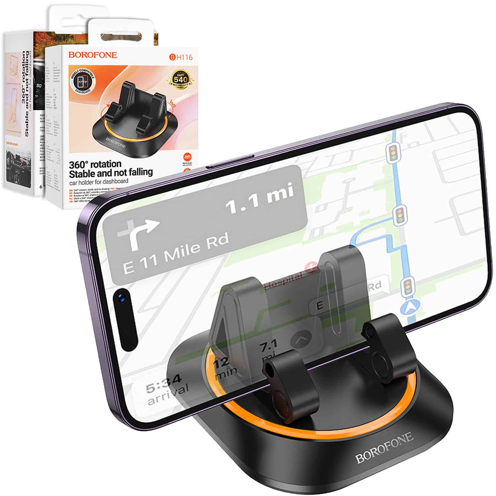 BOROFONE BH116 360 Degree Rotating Stable & Not Falling Car Mobile Phone /Tablet /iPad Holder For Dashboard (Black)