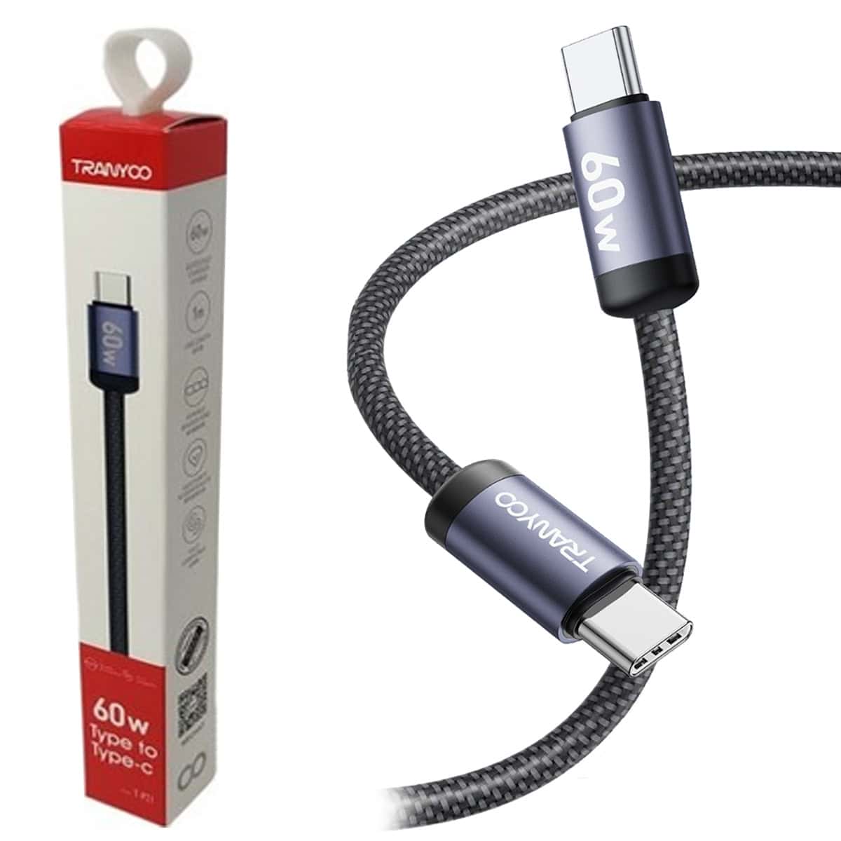 Tranyoo T-P21 60W 1M PD Type C to Type C Super Fast Charging Charger Data Sync Metal Braided Cable Cord For Samsung Galaxy Google Oppo Nokia Moto