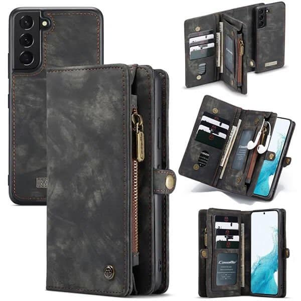 CaseMe For Samsung Galaxy S22 | S22+ /S22 Plus | S22 Ultra Zipper & Detachable Retro Leather Pouch With Chain Wallet Flip Purse Bag Detachable Phone Case Cover