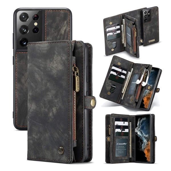 CaseMe For Samsung Galaxy S22 | S22+ /S22 Plus | S22 Ultra Zipper & Detachable Retro Leather Pouch With Chain Wallet Flip Purse Bag Detachable Phone Case Cover