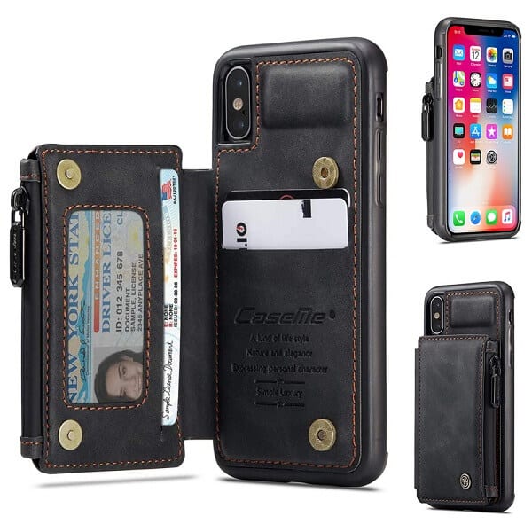 For Apple iPhone X / XS/ XR CaseMe Back Zipper Wallet Case W/ 3 Card Slots, RFID Blocking, 1 Money Pocket, Credit Card Holder Leather Cover