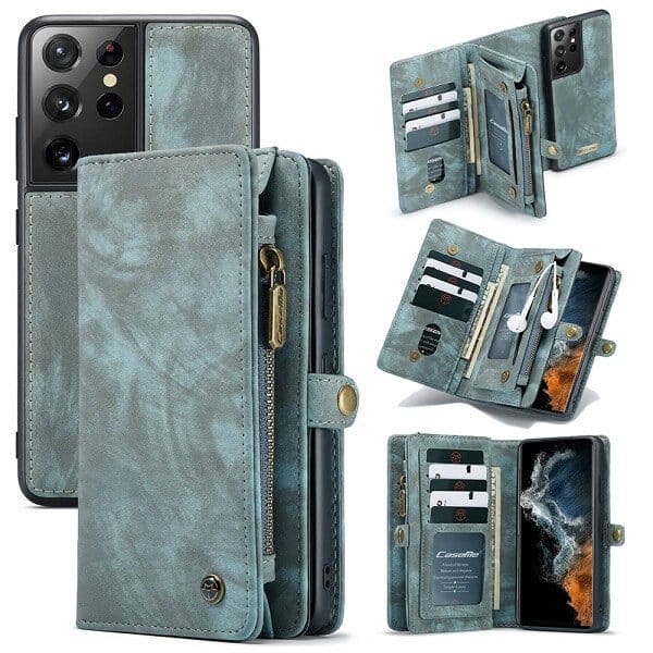 CaseMe For Samsung Galaxy S22 | S22+ /S22 Plus | S22 Ultra Zipper & Detachable Retro Leather Pouch With Chain Wallet Flip Purse Bag Detachable Phone Case Cover