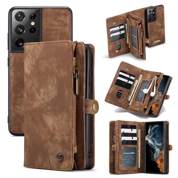 CaseMe For Samsung Galaxy S22 | S22+ /S22 Plus | S22 Ultra Zipper & Detachable Retro Leather Pouch With Chain Wallet Flip Purse Bag Detachable Phone Case Cover
