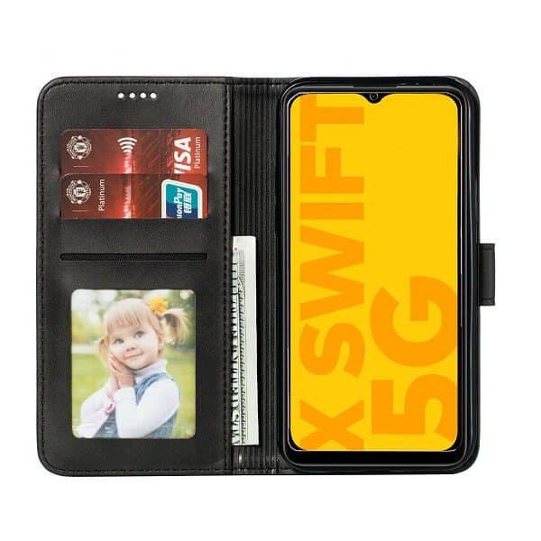 Optus X Swift 5G SupRShield Wallet Leather Card Holder Flip Protective Shockproof Magnetic Case Cover (Black)