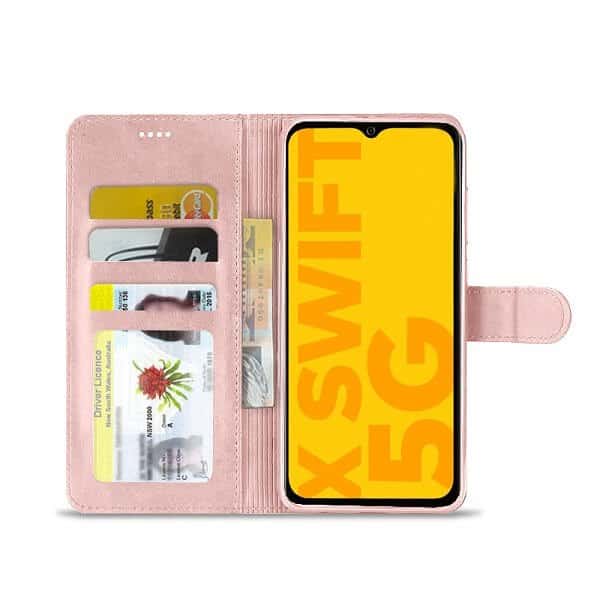 Optus X Swift 5G SupRShield Wallet Leather Card Holder Flip Protective Shockproof Magnetic Case Cover (Rose Gold)