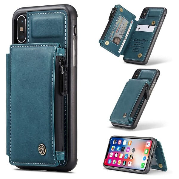 For Apple iPhone X / XS/ XR CaseMe Back Zipper Wallet Case W/ 3 Card Slots, RFID Blocking, 1 Money Pocket, Credit Card Holder Leather Cover