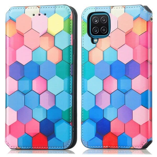 CaseNeo For Samsung Galaxy A12 Leather Wallet Flip Case With RFID Blocking Credit Card Holder Slots Cover - Colored Squares