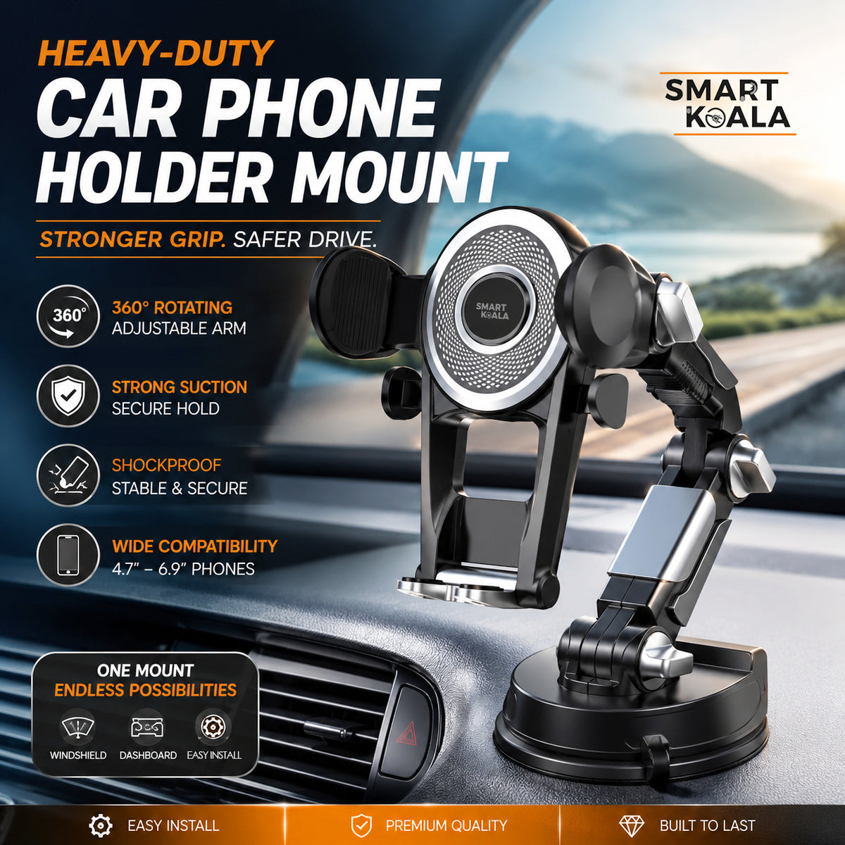Heavy Duty Telescopic Car Truck Phone Holder Mount – Long Arm Adjustable Dashboard Windshield Suction Cup Stand