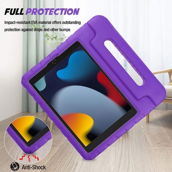 For Apple iPad 9th /8th /7th Gen 10.2 inch 2021 /2020 /2019 Kickstand Shockproof Protective Handle Stand Light Weight Kids Friendly Cover (Purple)