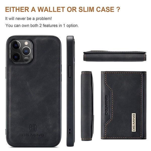 DG.MING For Apple iPhone 13 Pro / 13 Pro Max / 13 Mini Premium Trifold Wallet Leather Case With 2-in-1 Magnetic Detachable Card Holder Pocket Cover