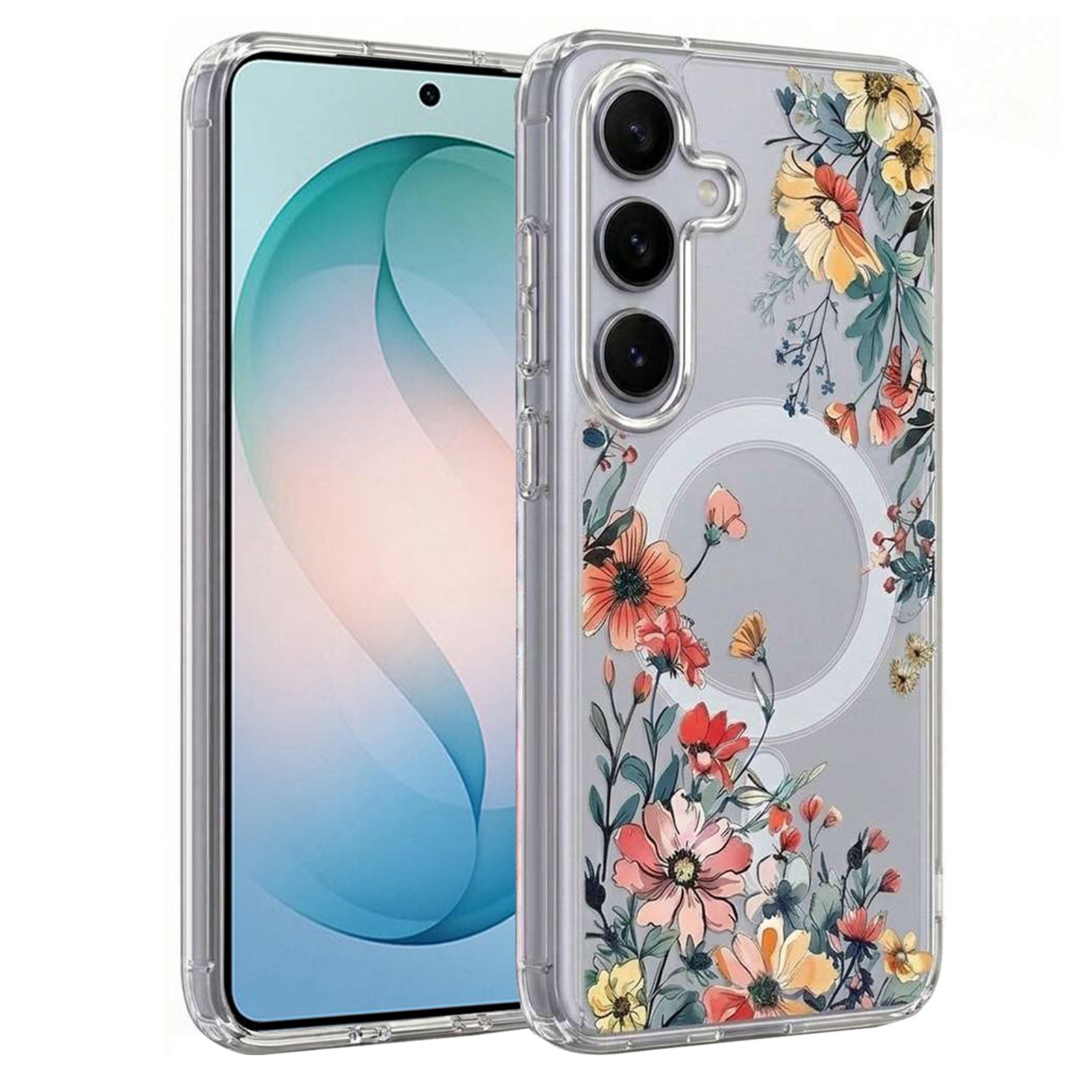 For Samsung Galaxy S26/S25/S24 Ultra Cute Floral Flower Pattern Hard Clear MagSafe Magnetic Protective Back Case Cover