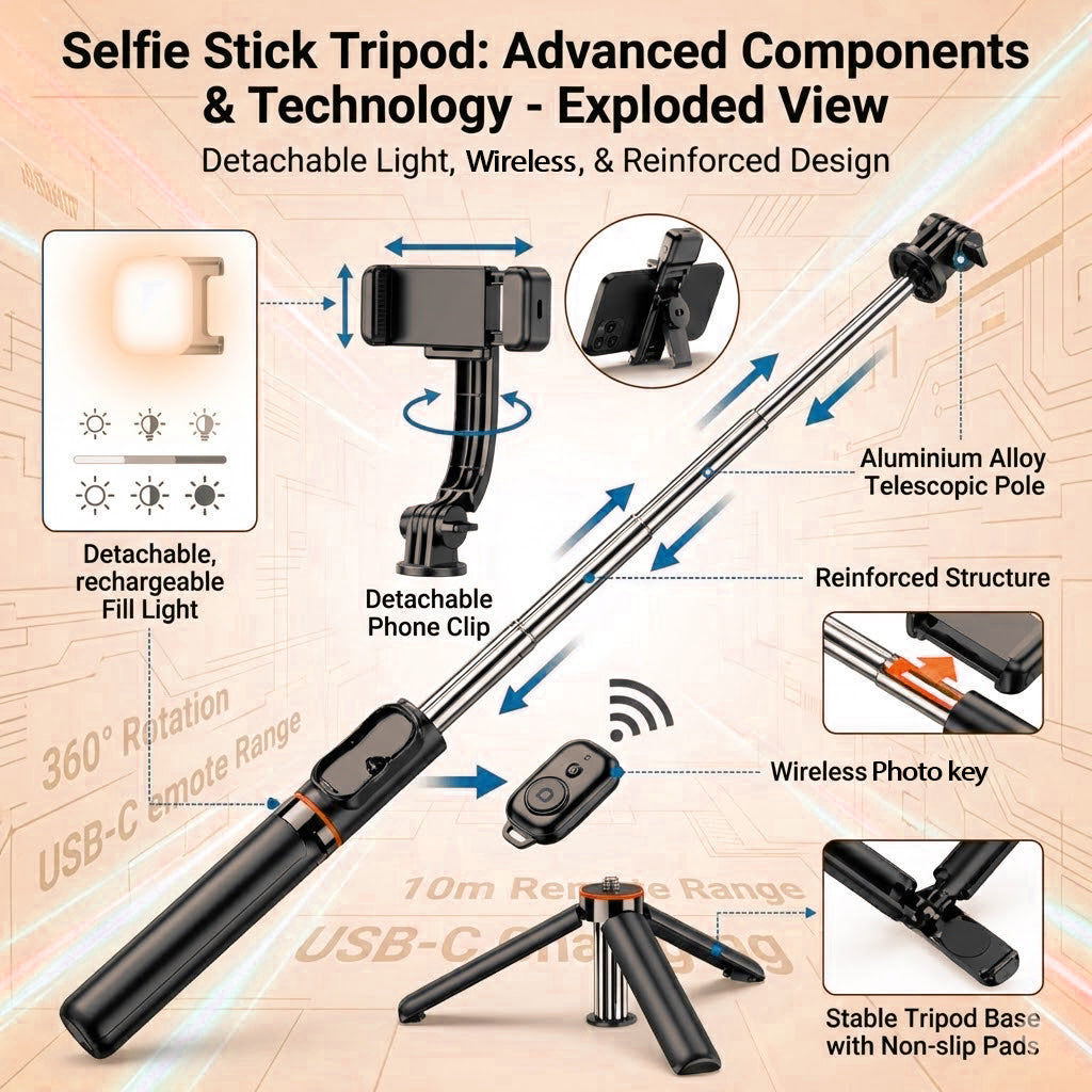 C01S Selfie Stick Tripod with Fill Light, Detachable Phone Holder, Wireless Bluetooth Remote & Extendable Monopod for iPhone, Samsung & Android