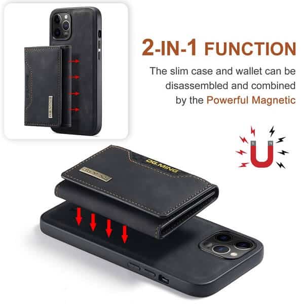 DG.MING For Apple iPhone 13 Pro / 13 Pro Max / 13 Mini Premium Trifold Wallet Leather Case With 2-in-1 Magnetic Detachable Card Holder Pocket Cover