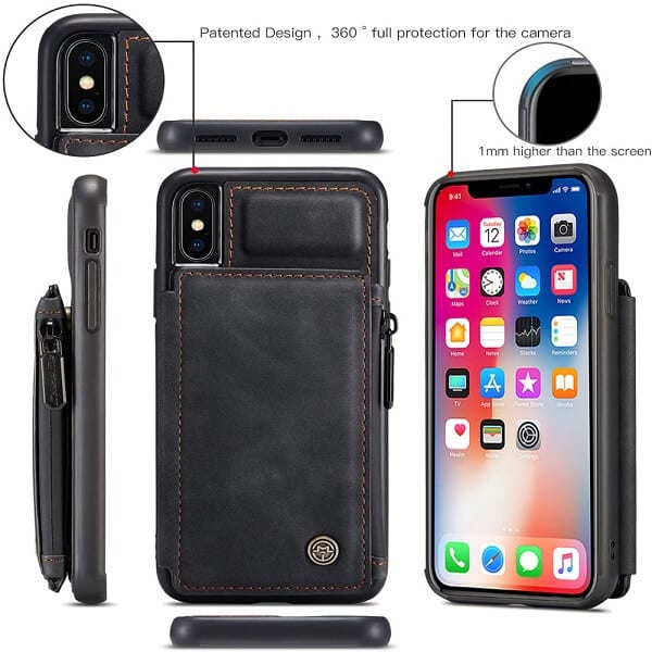 For Apple iPhone X / XS/ XR CaseMe Back Zipper Wallet Case W/ 3 Card Slots, RFID Blocking, 1 Money Pocket, Credit Card Holder Leather Cover