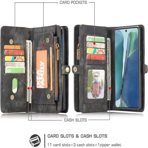 CaseMe For Samsung Galaxy Note 20 Zipper & Detachable Retro Leather Pouch With Chain Wallet Flip Purse Bag Detachable Phone Case Cover